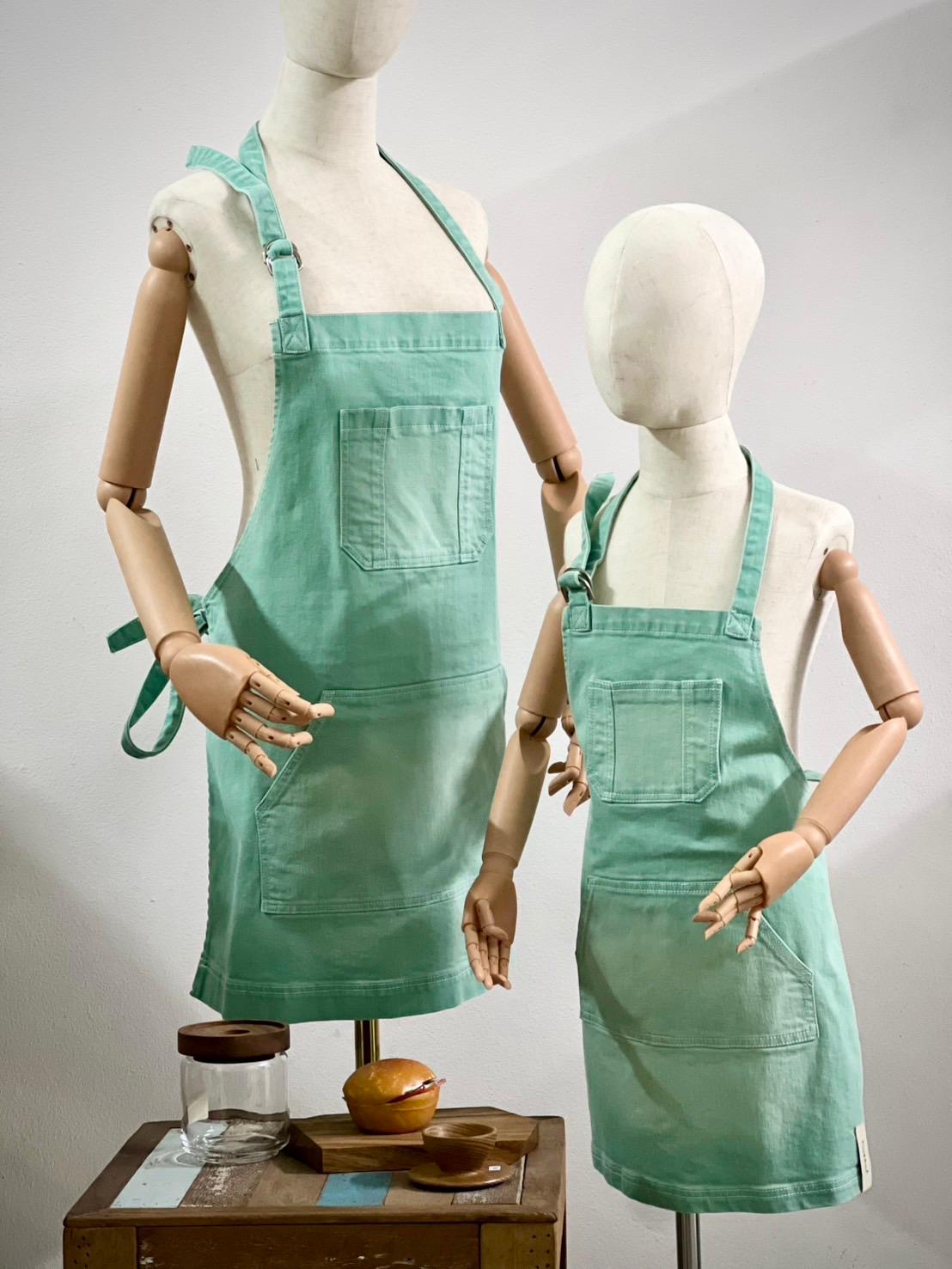 Pastry denim apron in mint green, adult and child set