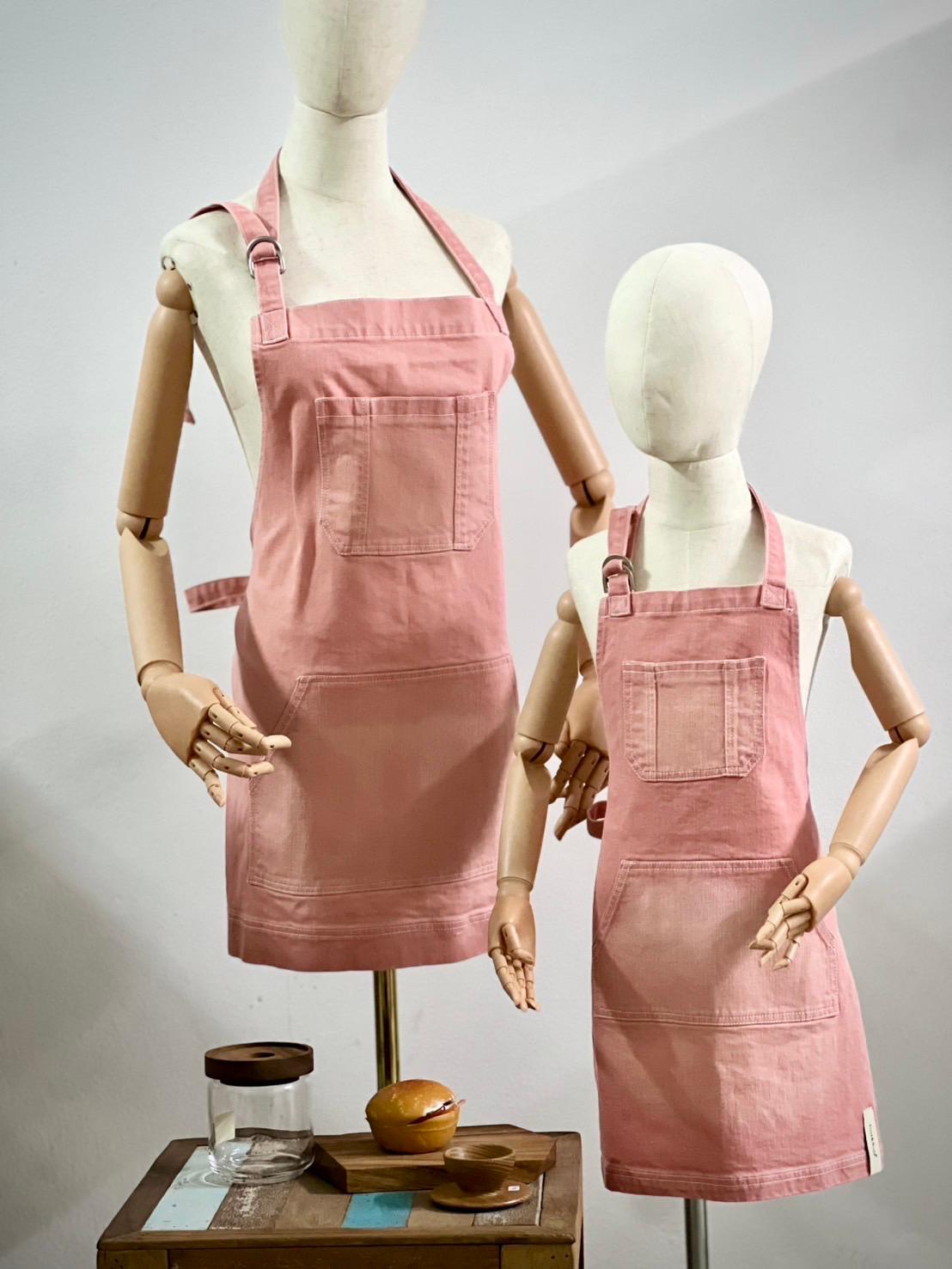Pastry denim apron in dusty rose, adult and child set