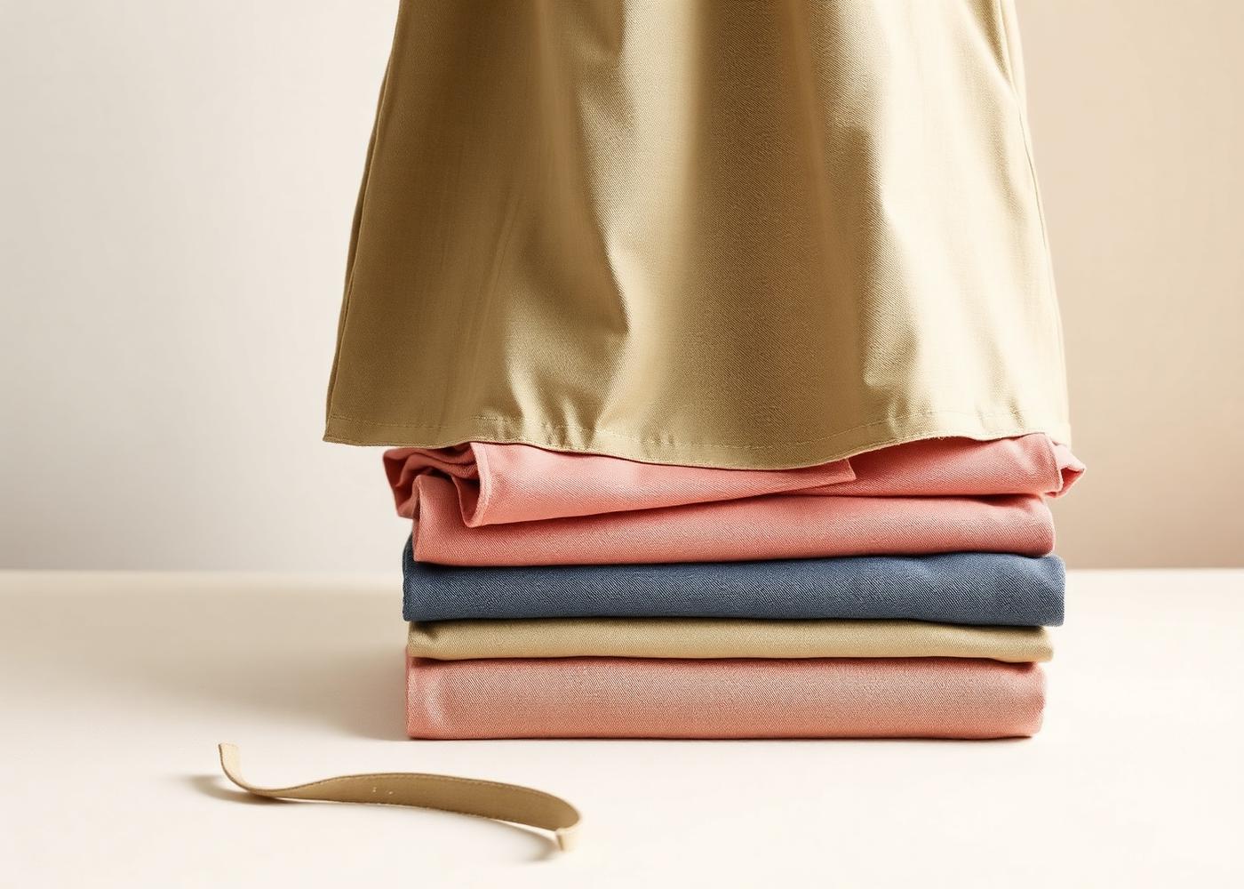 Folded linen and washed denim aprons in muted tones