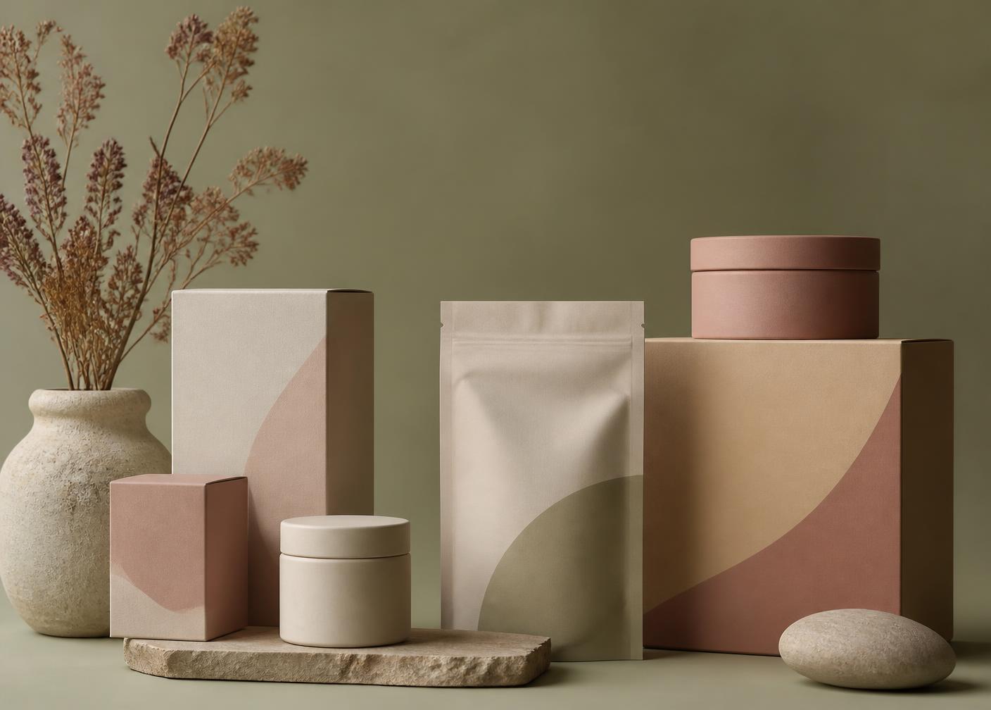 Vills & Mills lifestyle products in muted khaki, cream and rose tones