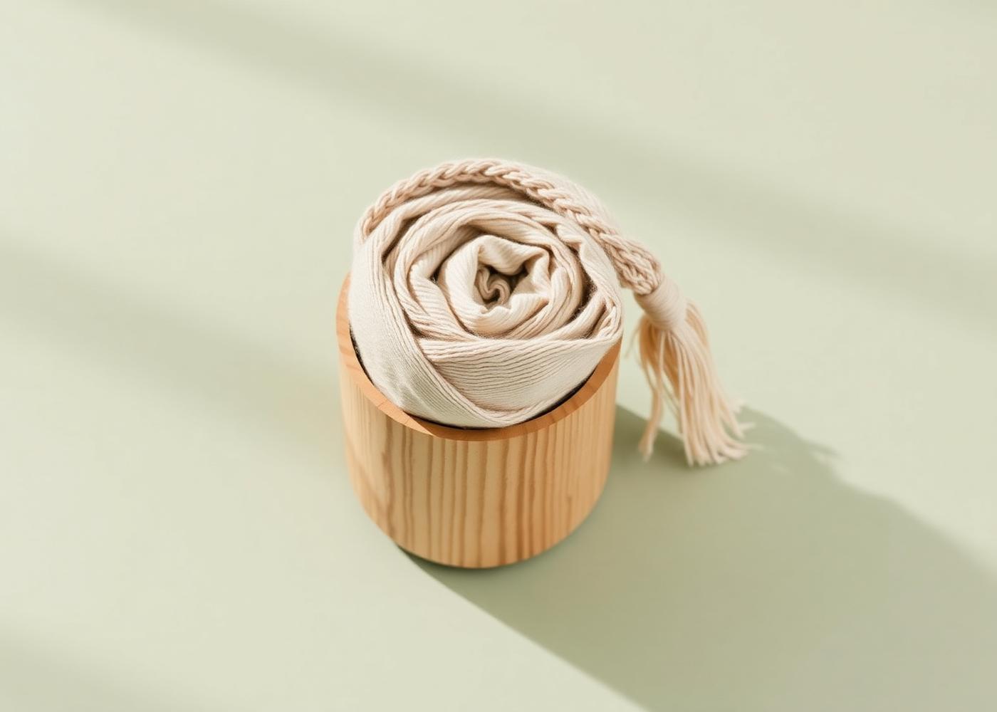 Woven scarf rolled inside a turned wooden tube canister